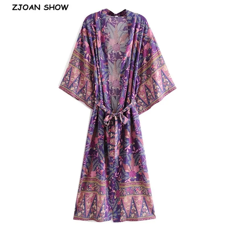 Bohemia V neck Celosia Flower Print Long Kimono Shirt Purple Ethnic Women Lacing up Bow Sashes Long Cardigan Loose Blouse Tops