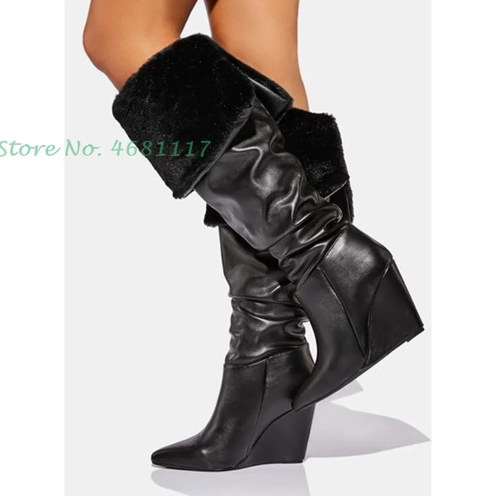 Pleated Fur Knee High Wedges Boots Women Sewing Pointed Toe Leather Long High Heel Shoes Black Brown Turned Over Edges Boots