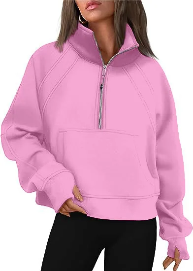 

Women Sweatshirt Stand Collar Spring Autumn Solid Color Hoodie Long Sleeve Pocket Loose Half Zip Sporty Pullover Streetwear Top