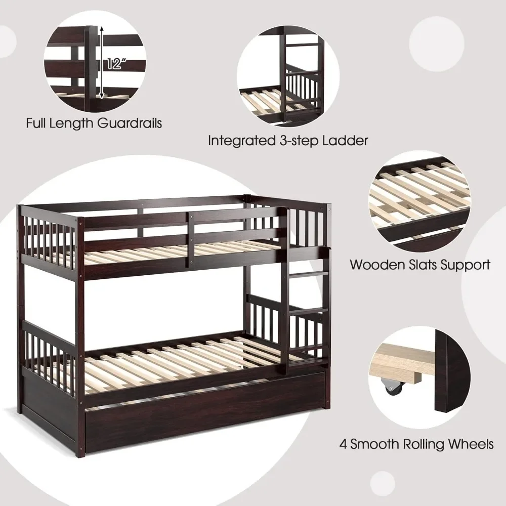 Twin Bunk Bed with Trundle, Convertible Platform Bed Frame with Ladder & Solid Wood Frame, Space-Saving Bunk Bed for kids