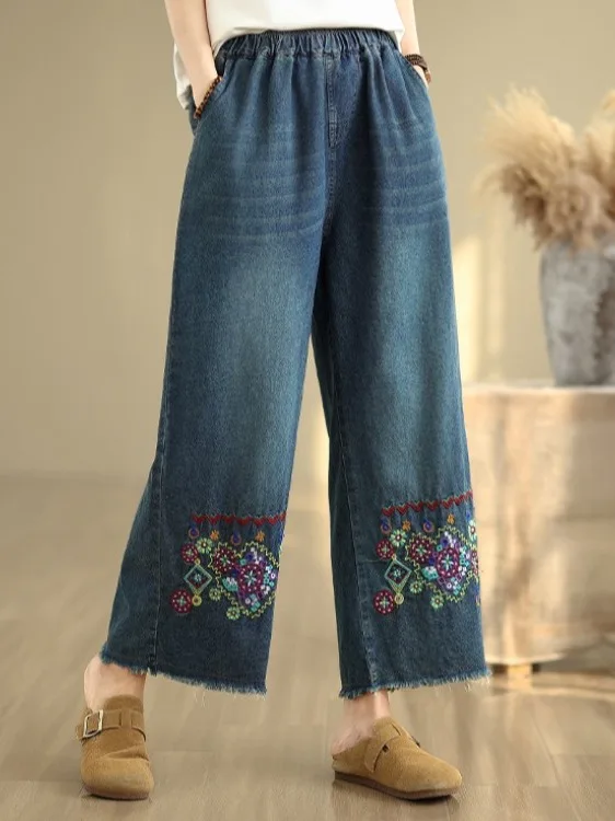 

High Waist Waed Denim Jeans Ethnic Embroidery Casual Loose Fit Women's plus Size Frayed Hem Straight Leg Nine-Tenths Pants