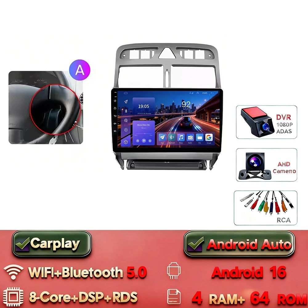 Android 16 Carplay Android Auto 2din Autoradio voor Peugeot 307 307CC 307 SW 2004-2013 4G WIFI GPS DSP BT Touchscreen Multimedia