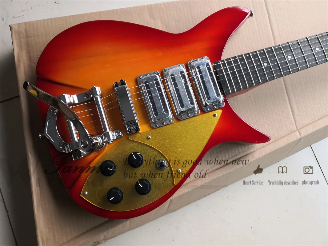 Cherry Sunburst Electric Guitar Tremolo Bridge HHH pickups Gold Pickguard 527 mm Scale 325 Guitar