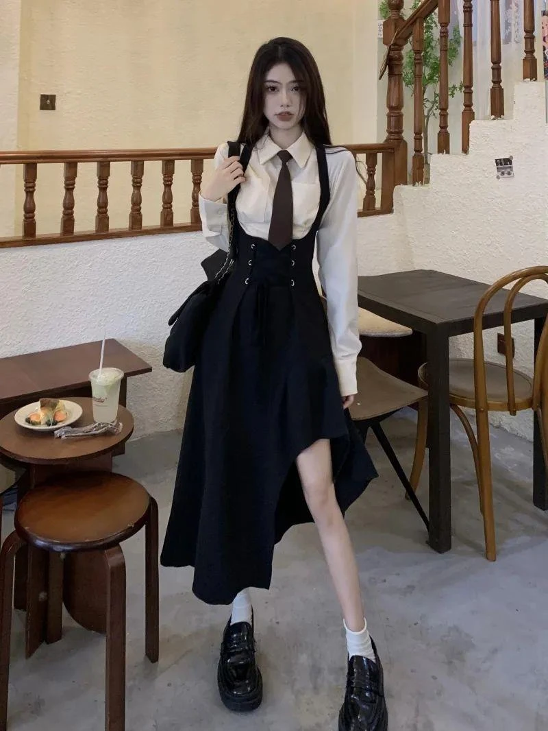 2023 spring new korean style sweet and spicy strap dress long sleeve shirt set two piece retro casual women fashion jk set s491