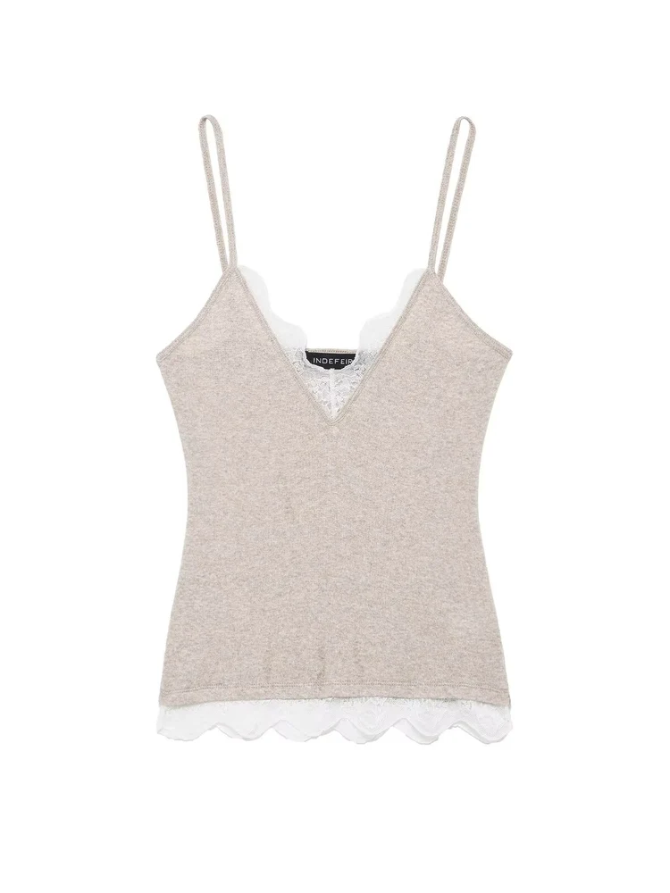 เสื้อกล้ามผ้าฝ้ายผู้หญิง ดีไซน์ลูกไม้ปะติด คอวี ทรงเข้ารูป รุ่นใหม่ล่าสุด ฤดูใบไม้ร่วง 2025 สไตล์สาวฮอต