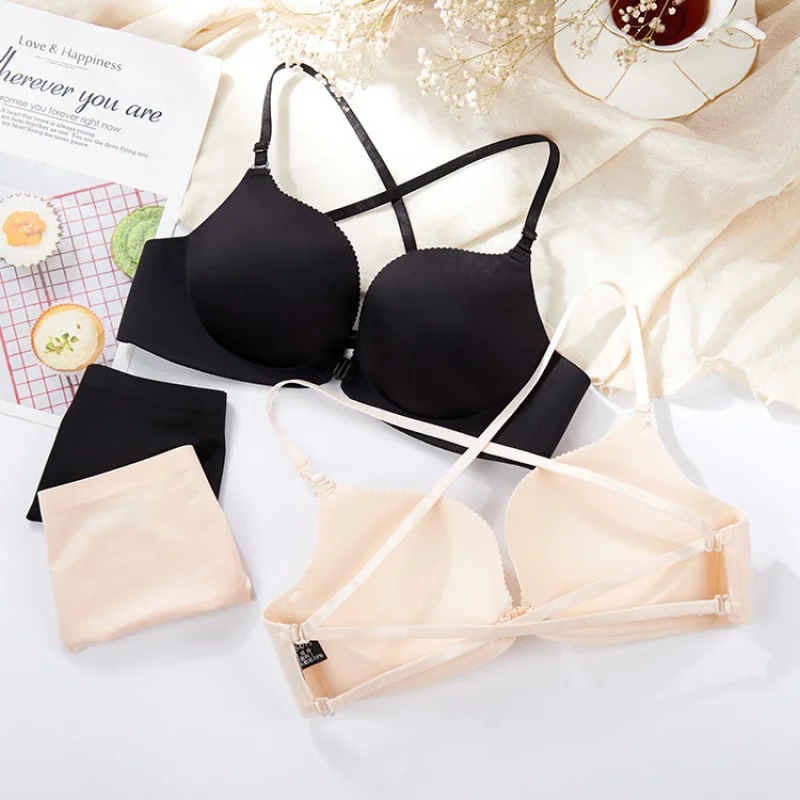 Simple front button cross-beautiful sexy lingerie for women without steel ring back comfortable thick cup backless bra bra bra