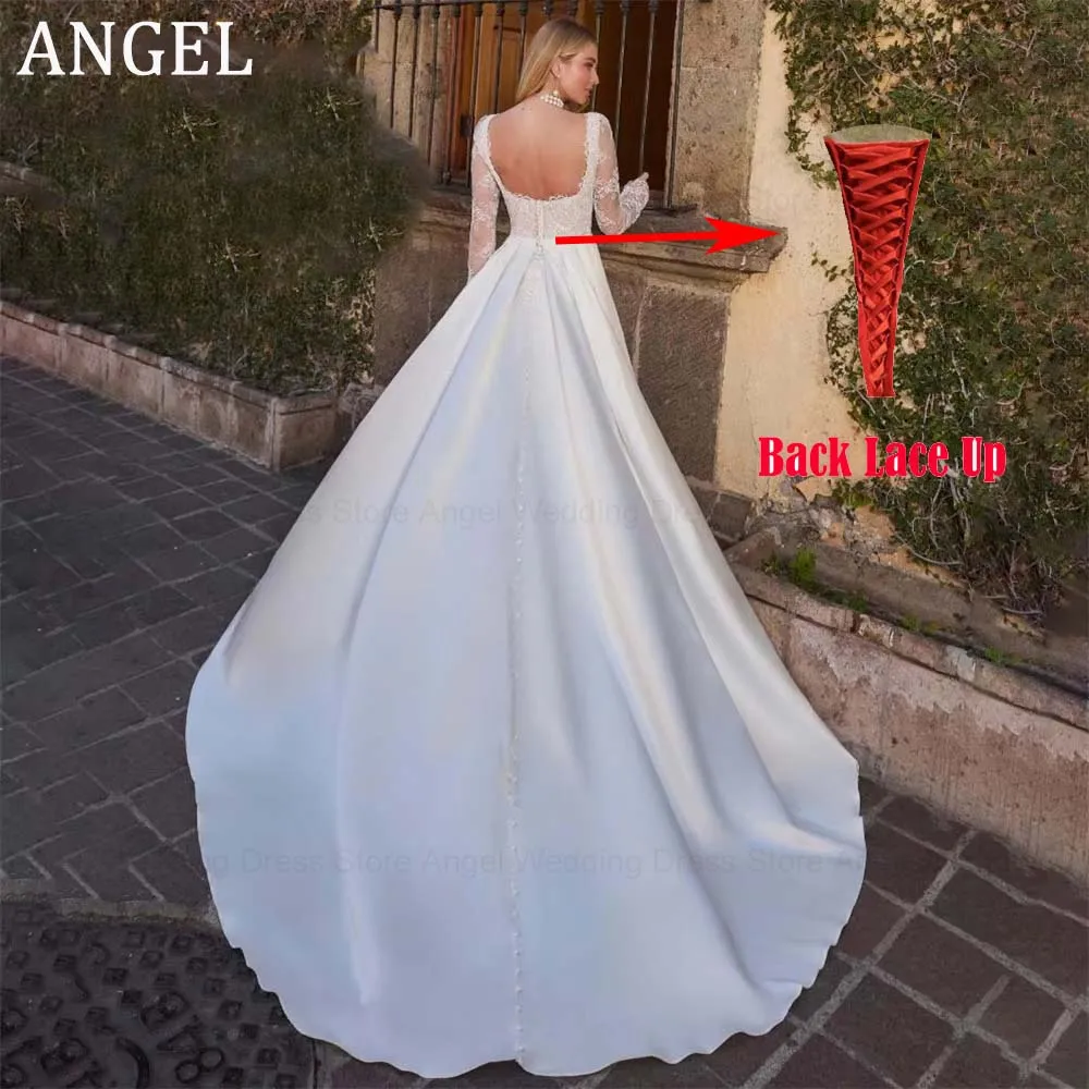 ENGEL Aangepaste Mode Satijnen Trouwjurk 2026 Kanten Bruidsjurk A-lijn Vierkante Kraag Lange Mouw Sweep Trein Lange Bruidsjurk