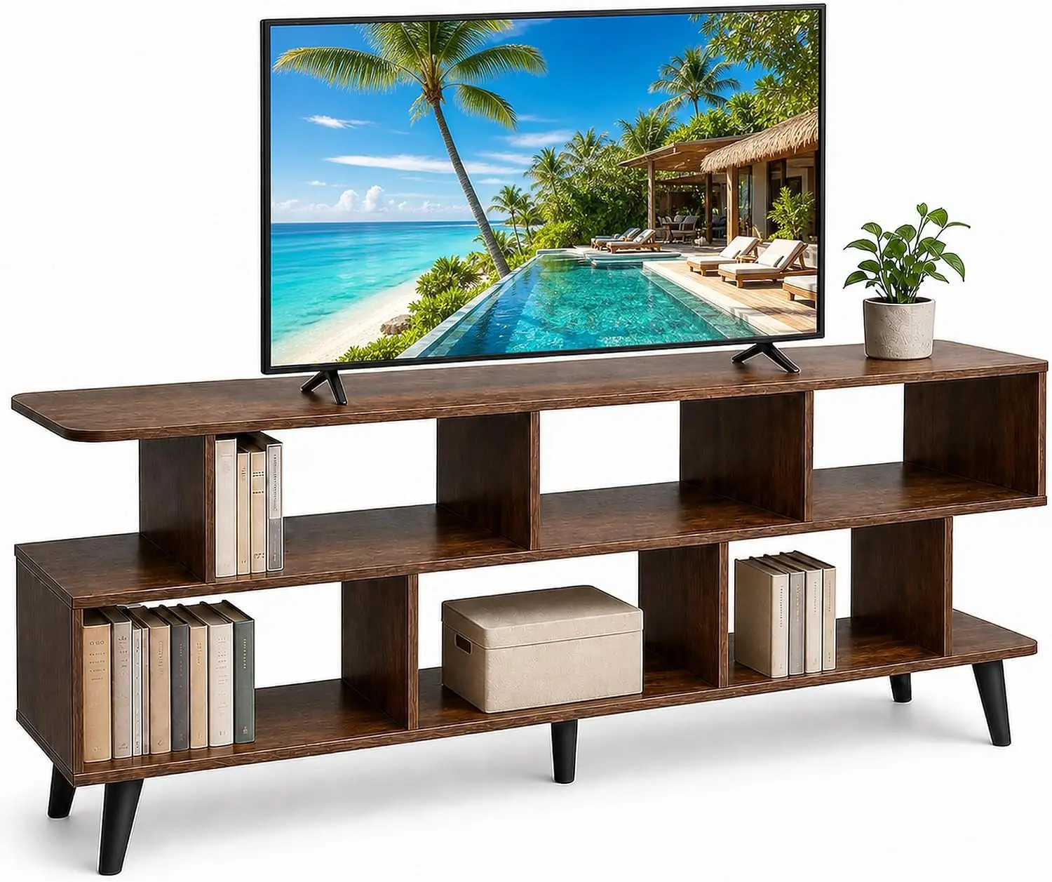 65 Inch TV Stand Fits up to 75 Inch TV, 8 Open Shelves Storage Media Console for Living Room Kitchen, Amber, Customized