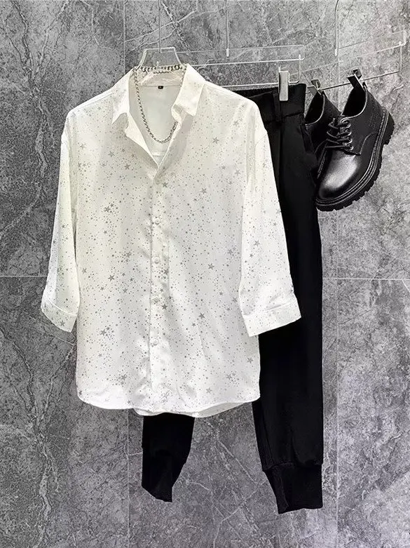 New Spring Ice Silk Men's Shirt Gold Stamp Loose Fit Casual Style Seven Sleeve Length Star Pattern Traditional Open Cardigan