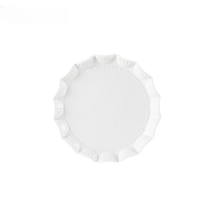 

Retro Korean pure white relief plate ceramic dessert western plate simple round