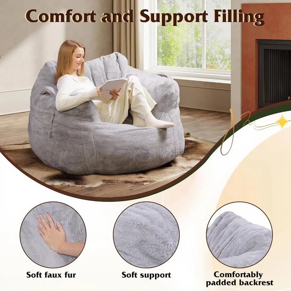 كرسي بين باج كبير 43 للكبار مع مساند للذراعين، أريكة مملوءة بإسفنج الذاكرة لغرفة المعيشة أو غرفة النوم، رمادي #4