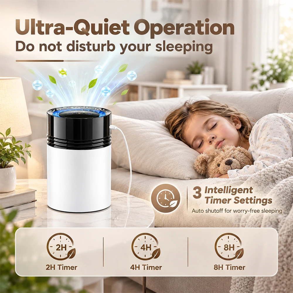 Verdunstungs-Luftbefeuchter ohne Nebelbildung, 3L Luftreiniger mit negativen Ionen, 3 Geschwindigkeiten, Timer, leiser Tisch-Luftbefeuchter für Schlafzimmer und Babyzimmer – Detail 4