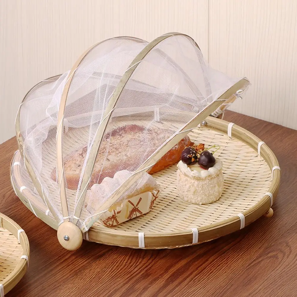 Bamboo Anti-insect Dustproof Basket Reusable with Mesh Cover Food Storage Basket Simple Multi-function Fruit Vegetable Tray