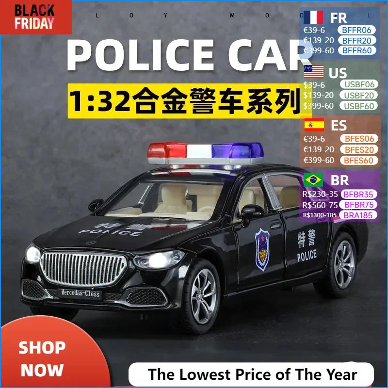 1:32 Mercedes-Benz S680 police car Simulation Diecast Metal Alloy Model car Sound Light Pull Back Collection Kids Toy Gifts A894