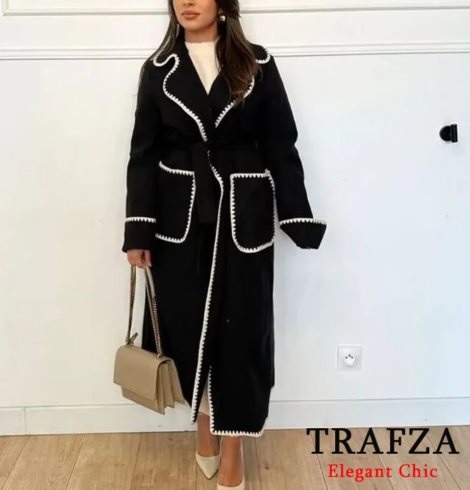 TRAFZA Casual Tweed Long Coat Women's Rolled Belt Lapel Lengthened Coat New 2024 Fall Winter Fashion Commuter Coat