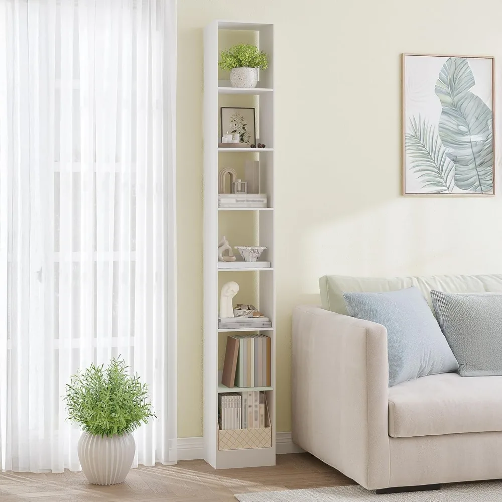 

7-Tier Adjustable White Bookcase, Narrow Storage Shelf for Living Room, Home Office, Bedroom