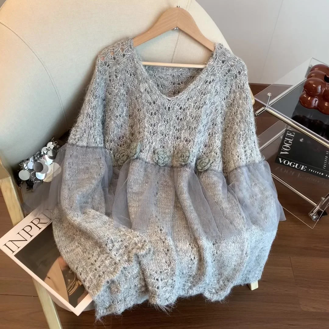 

Women's Grey 3D Floral Pullover Sweater Vintage 2000s Y2k Knitwear Outerwear Long Sleeves Hollow Sweater Autumn Winter Clothes