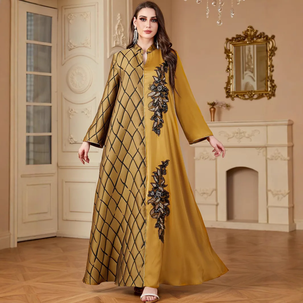 4204 women's long robe Muslim splicing contrasting jacquard embroidery Arabic dress