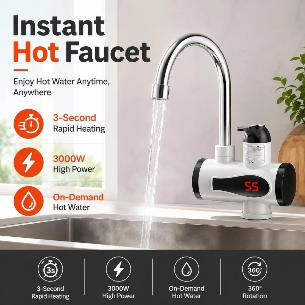 3秒で急速加熱、瞬時にお湯が出る給湯器。3000wの瞬間式電気温水器。360°回転可能。-°-回転加熱