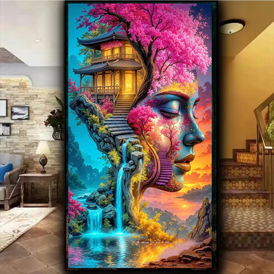 

Abstract landscape, forest, house, woman Diy Diamond Art Painting Large Size Full Diamond Mosaic portrait For Home Decor