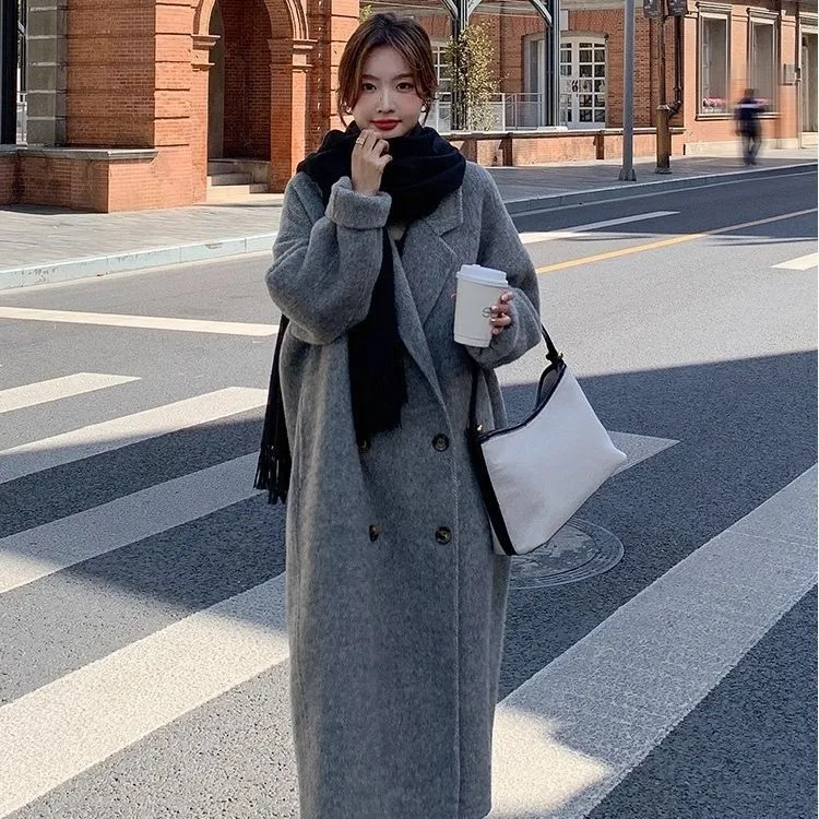 Dámský dlouhý kabát z ovesné kaše s dlouhým rukávem, luxusní, ležérní, s kapsami, dlouhý, 2025, podzim/zima, středně dlouhý kabát, bunda, módní, ležérní styl - náhled 3