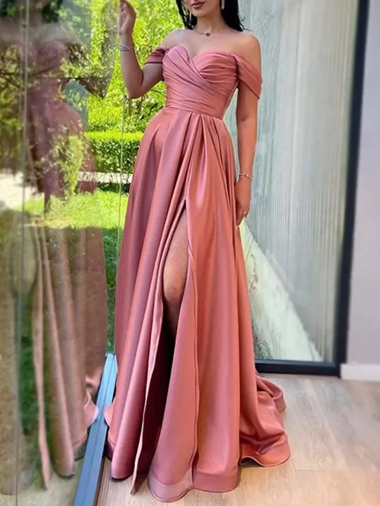 Customized Solid Sexy Off Shoulder Elegant Evening Dresses Slim Waist Split Femininity Wedding Party Vestidos Spleated Long Prom