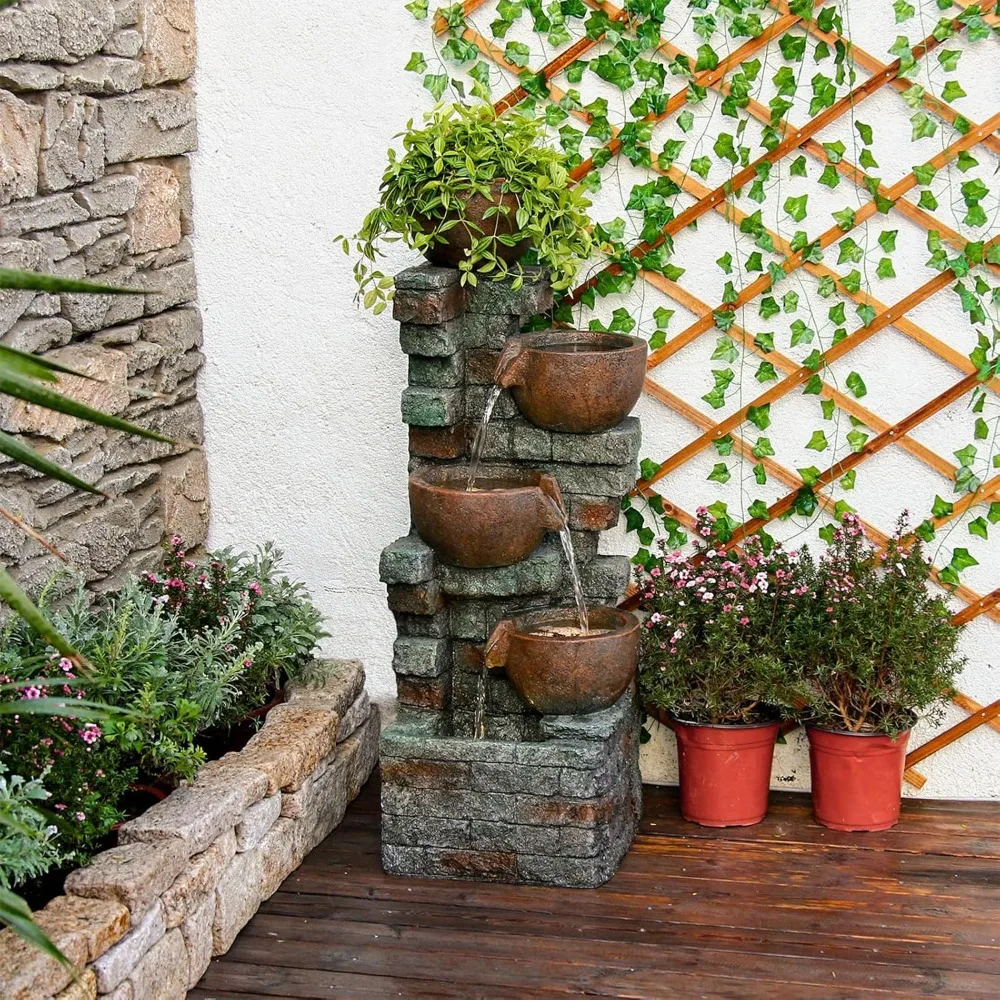 39.37 بوصة ارتفاع نافورة حديقة المياه في الهواء الطلق 5 طبقات وعاء متتالي وأحجار مكدسة شلال مياه ميزة وعاء داخلي زارع وات