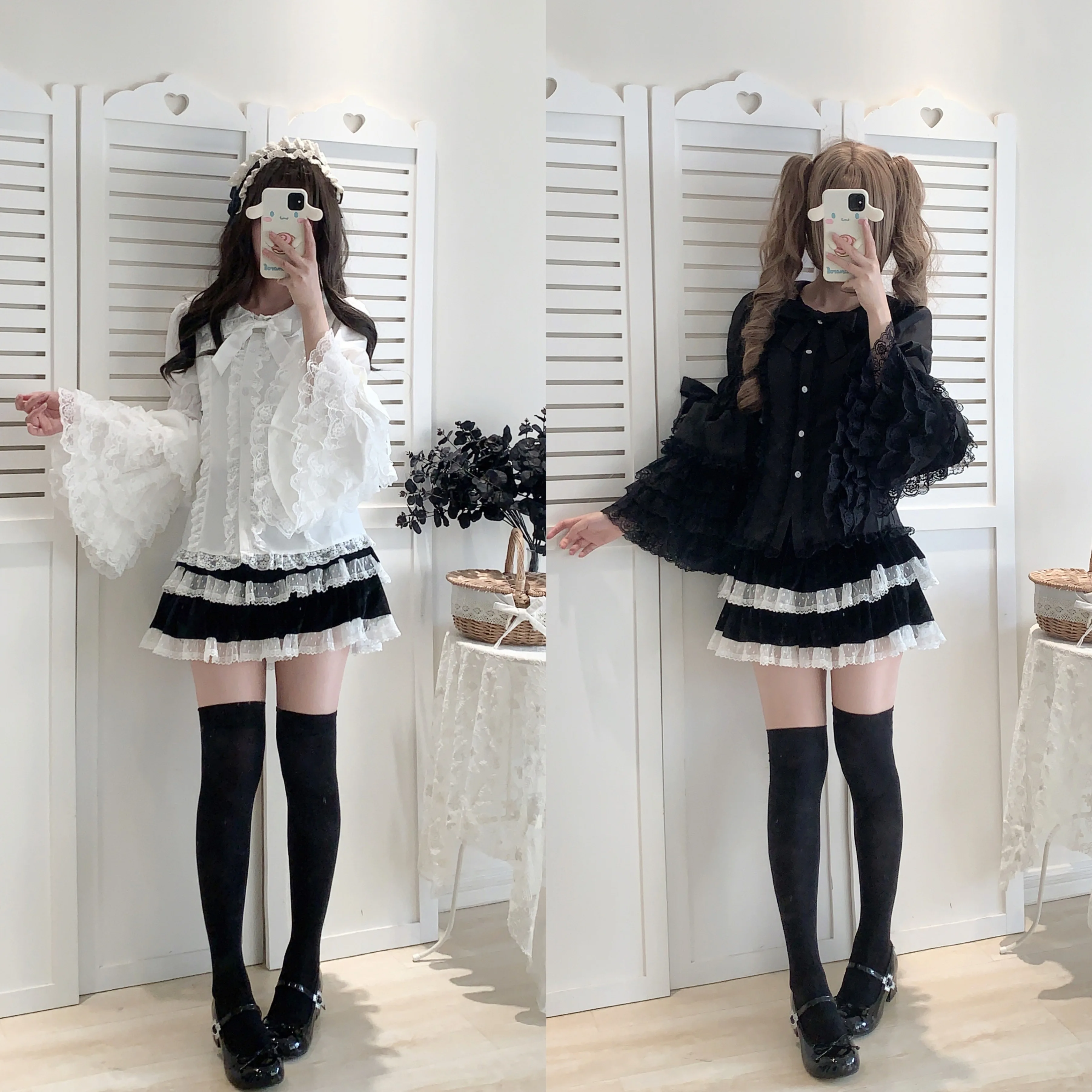 Lolita Long Flared Sleeve White Bow Versatile Bottoming Shirt Spring Autumn Girl Elegant Lace Solid Color Heavy Industry Top