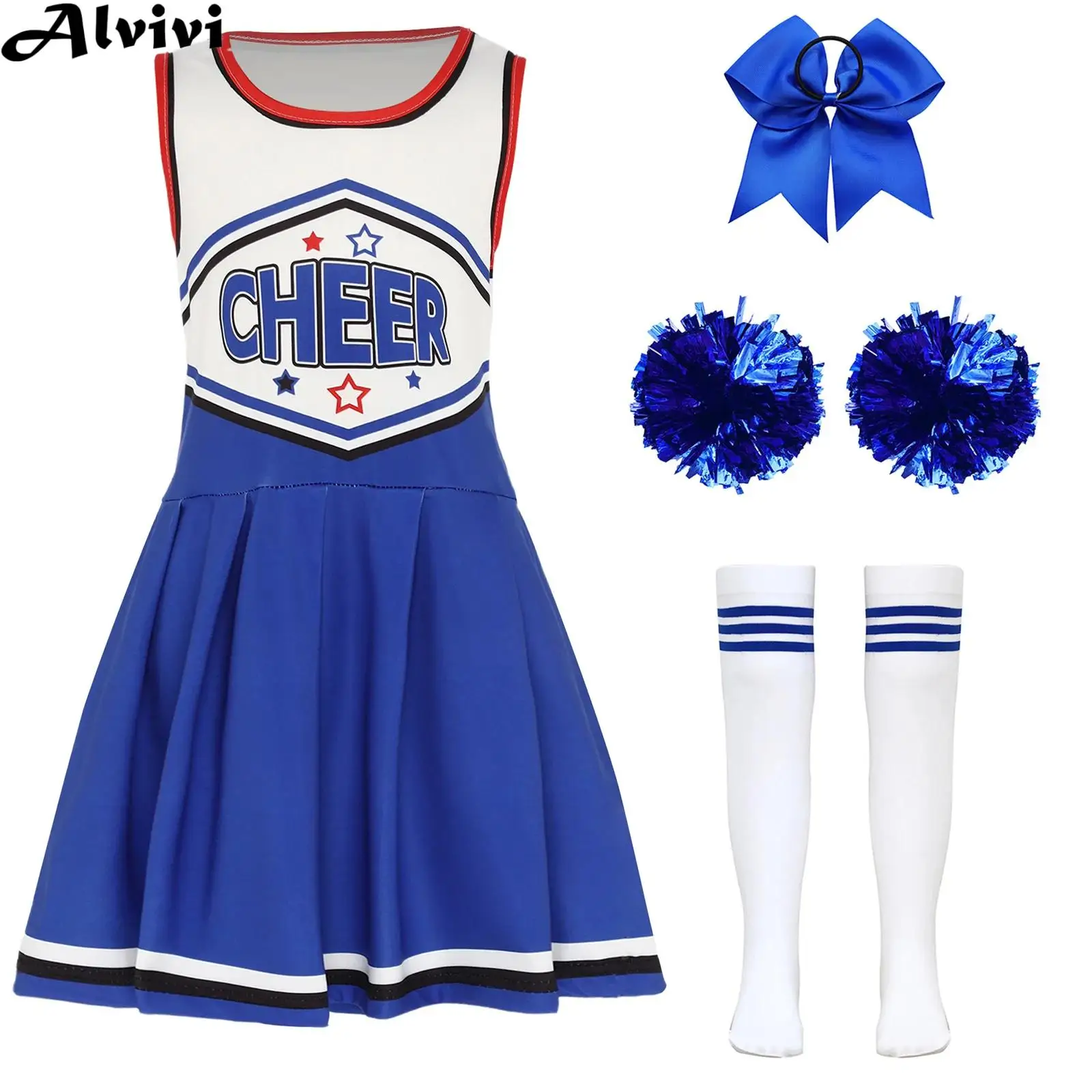 فستان أداء الرقص التشجيعي للفتيات الصغيرات مع كرات الزهور وربطة شعر لاجتماعات رياضية وحفلات كرنفال الهالوين