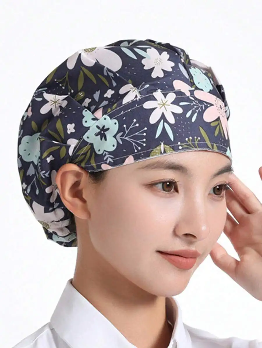 Women Blue Floral Print Adjustable Breathable Chef Hat Kitchen Uniform Washable view 2