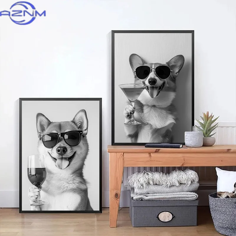 Funny Animal Collies Drinking Champagne Minimalist Animal Portraits Poster Canvas Paintings Wall Art Pictures Home Decor