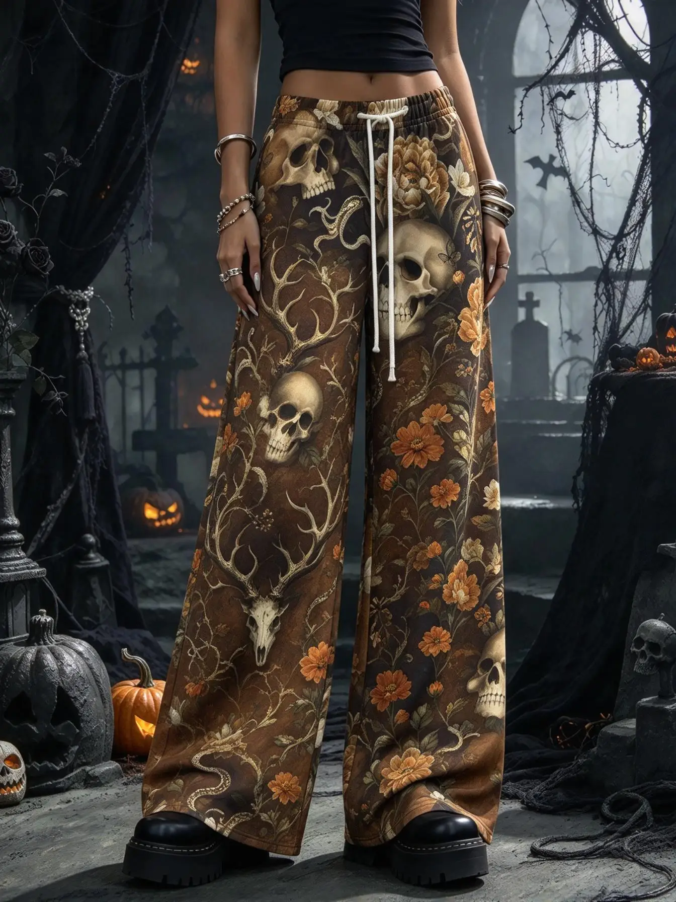 Halloween Gothic Ladies Wide Leg Trousers, Vintage Skull Peony Flower Antler Print Drawstring Loose Pants