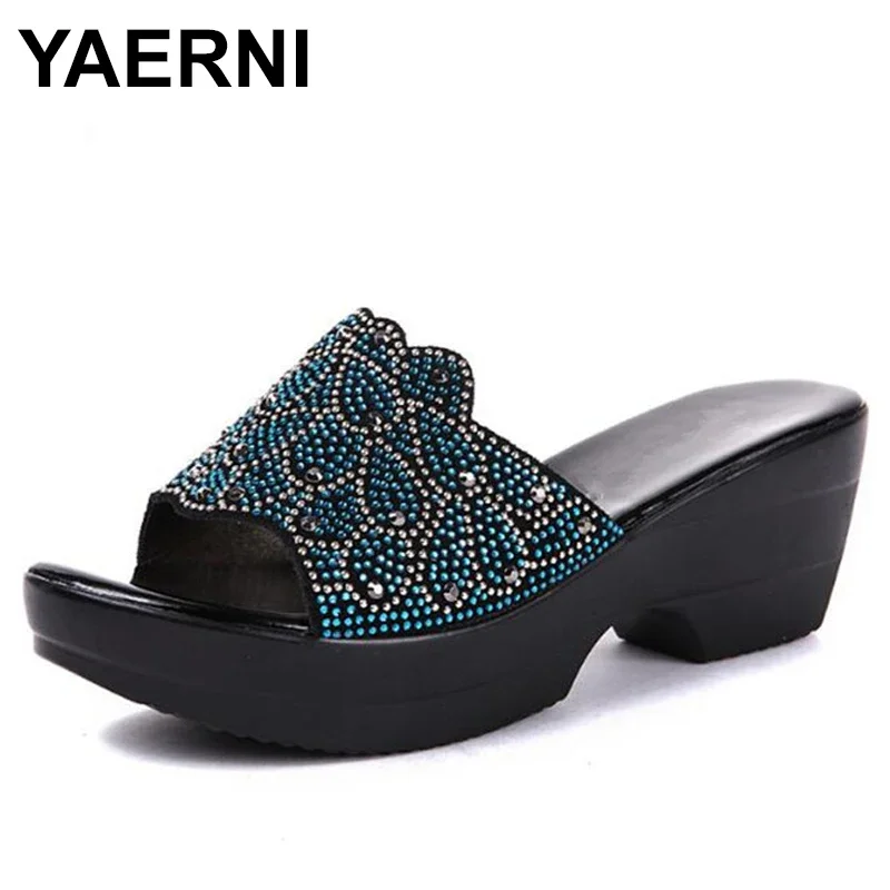 

YAERNI New Summer Women Sandals Genuine Leather Shoes Rhinestones shoes Slippers Large Size Non-slip Fashion Sandals Women Shoes