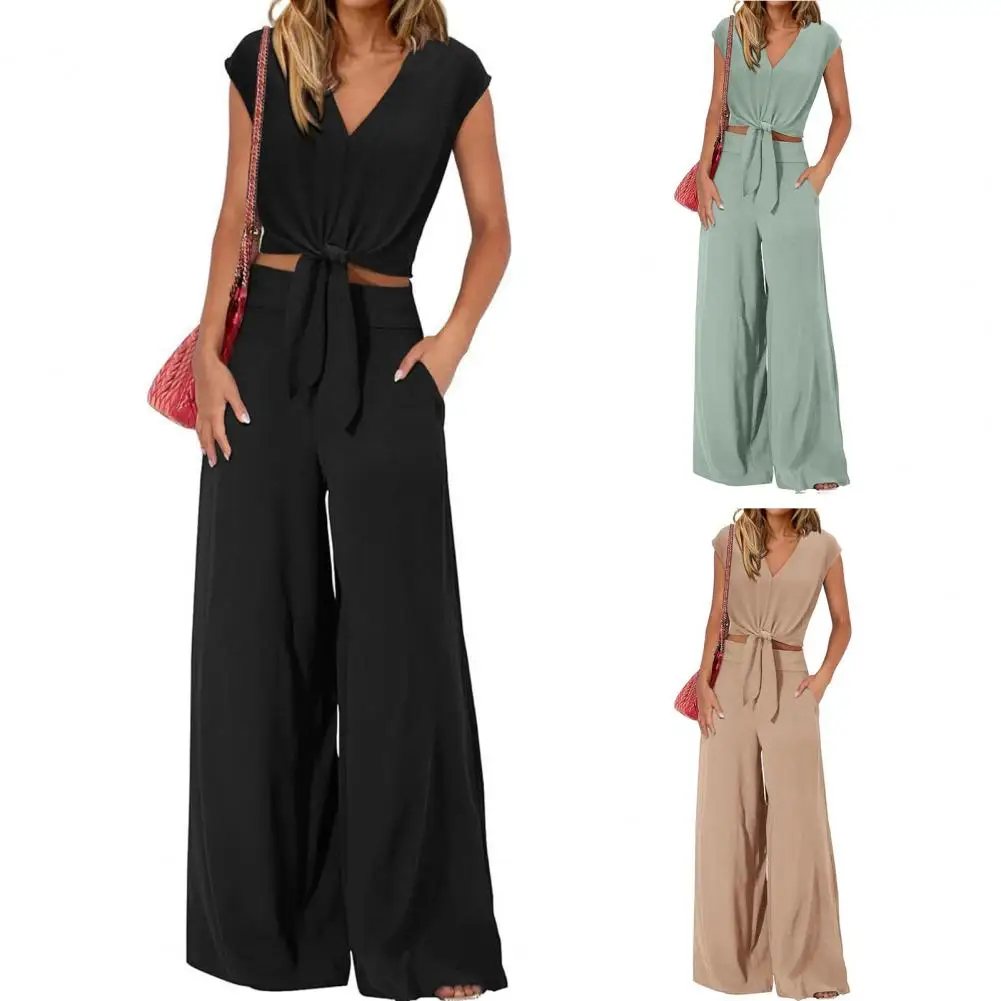 Breathable Lightweight Suit Women Top Pants Suit Elegant Lace-up Knot Women's Top Pants Set for Office Wear V Neck for Women