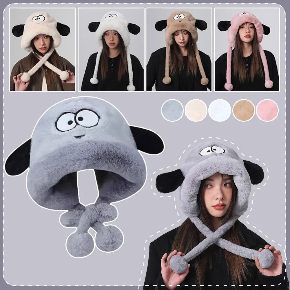 Lovely Big Eyes Dog Ears Women Winter Cap Fluffy Plush Ear Protection Ear Cuf‎f Hat Cold-proof Warm Windproof Hat Outdoor