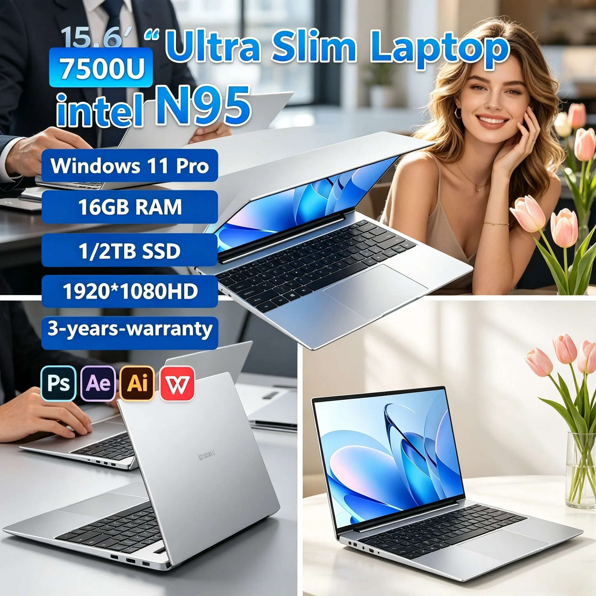 

High‑Performance 15.6" Notebook PC N95 Processor 7500mAh Battery 32GB RAM 2TB SSD 120Hz IPS Screen Fingerprint Laptop