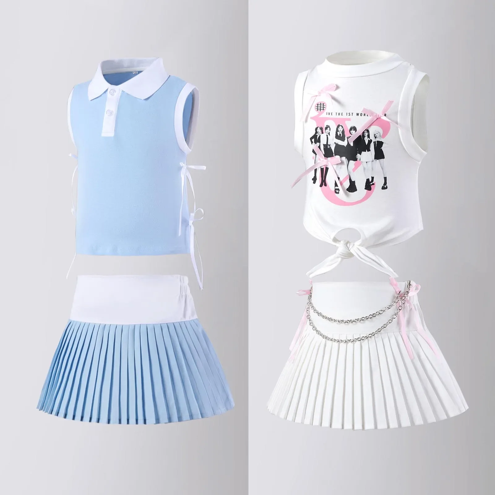 Summer Sleeveless Tops Pleated Skirt Outfits 8 10 12 Years Girls Clothes Set School White Refreshing Tennis Sportswear for Kids