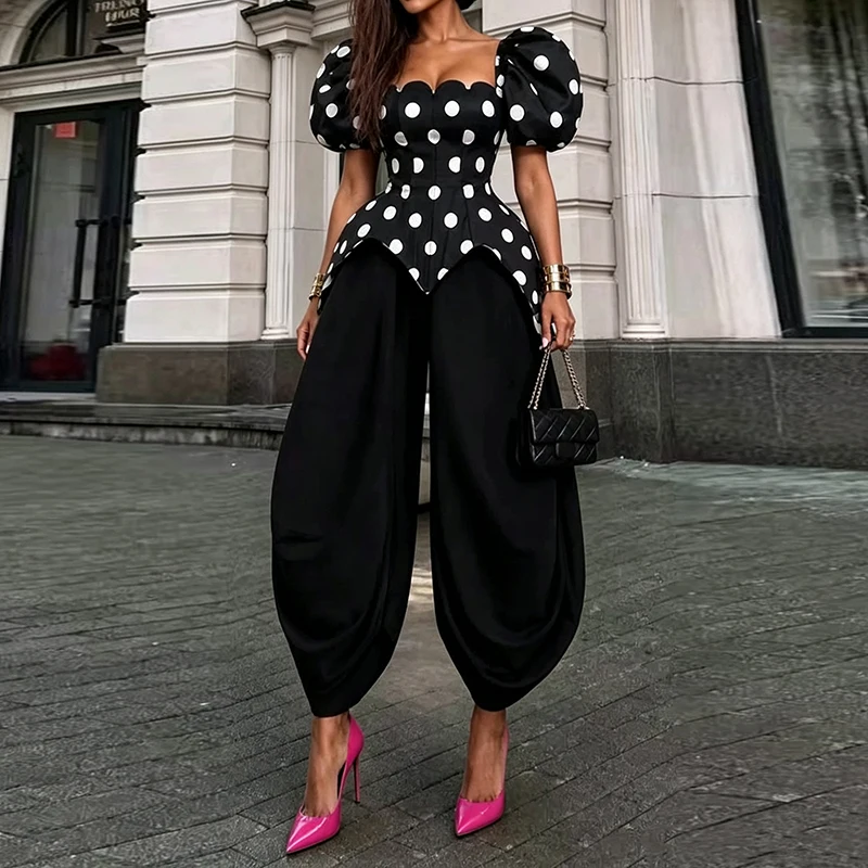 New Polka Dot Print Party Outfit Summer Fashion Street Women Suit Square Neck Puff Sleeve Top with Wide Leg Pants Two Piece Set