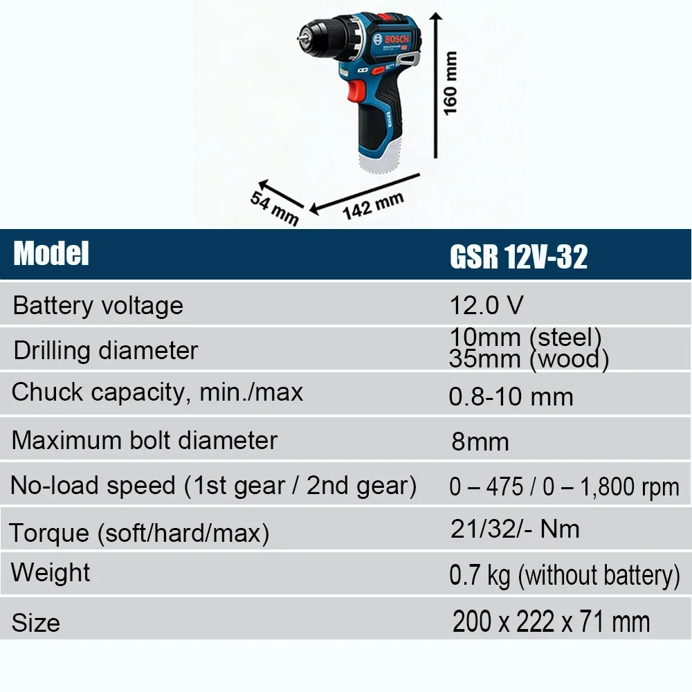 Bosch Professional GSR 12V-32 Cordless Brushless Drill 32Nm High Torque Dual Speed T-Shaped Handle Multifunctional Power Tool