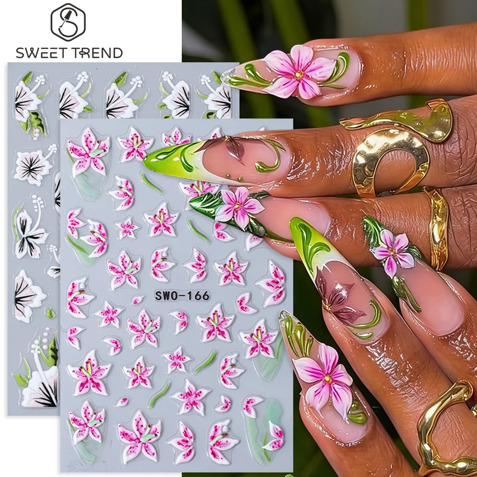 2 Stück strukturierte Blumen-Nagelaufkleber, Frühling, Sommer, Lilienblütenblätter, selbstklebende Nagelaufkleber, DIY-Maniküre-Dekor, Nagelzubehör