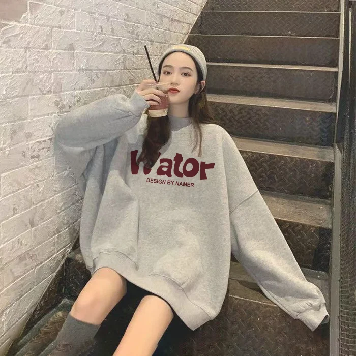 Gray Round Neck Pullover Sweatshirt Korean Style Women Thickened Sweatshirt 2024 Autumn Winter New High Street Fashion Brand Top