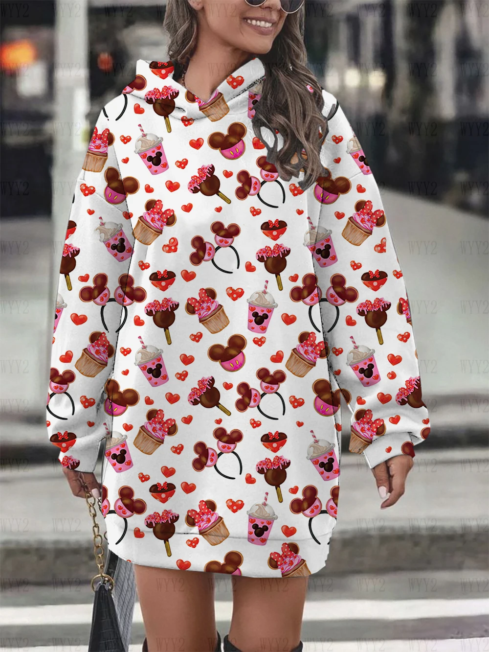 Ladies Sweater Dress Casual Print Disney Mickey Minnie Round Neck Hooded Sweater Dress Simple Fashion Ladies Clothing