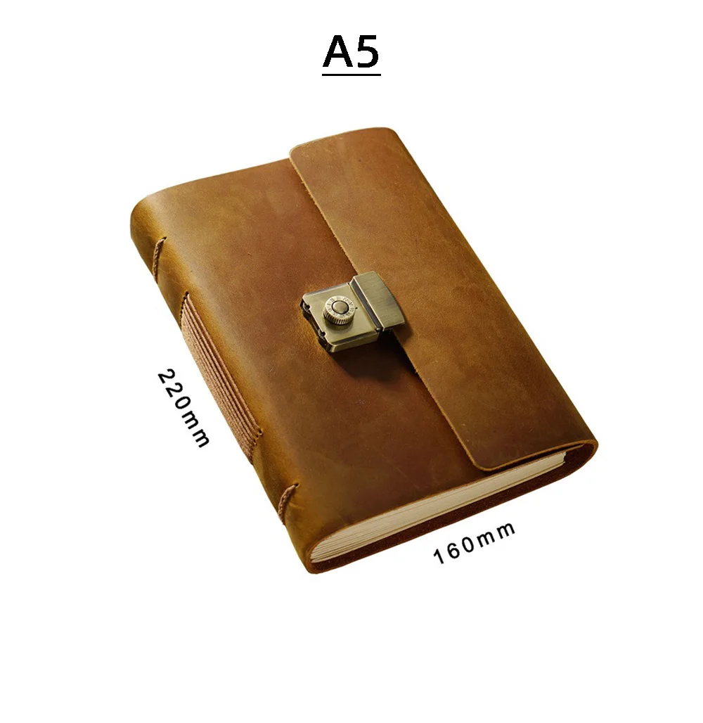 Journal de mot de passe en cuir de vachette véritable, couverture optique, carnet de notes, serrure en métal, permis, fait à la main, cahiers rétro,