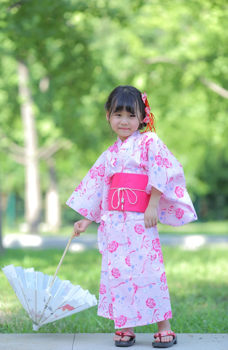 2019 new pink japanese baby girl kimono robe cute kid yukata with belt kids dance costumes child Traditional kimono Costumes