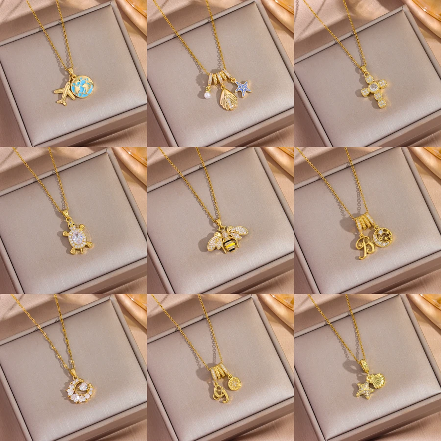 Top Luxury 18K Gold Plated Copper Pendant Necklaces For Women Female Daily Wear Stainless Steel Neck Chain Jewelry Girls Gift