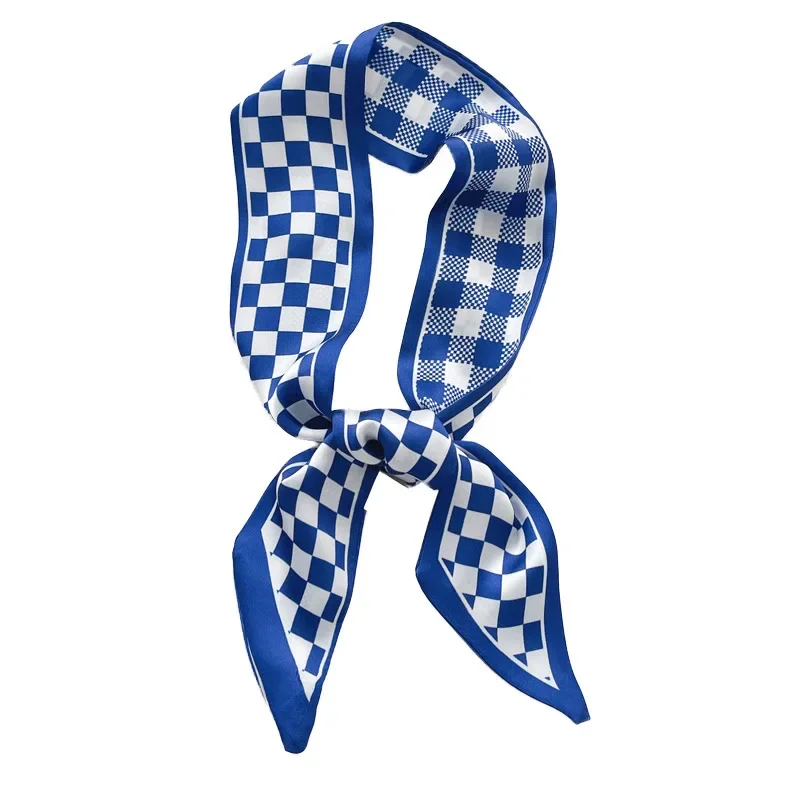 Klein blue silk scarf new checkerboard headband streamer scarf autumn decoration women's hair tie handbag jewelry