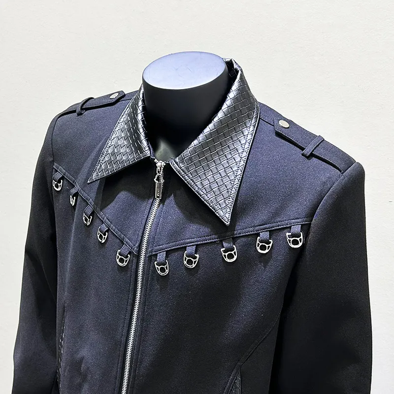 Men's Deconstructed PU Lapel Jacket, Vintage Cropped Motorcycle Zip Outerwear for Formal Dinners and Distinctive Event Dressing