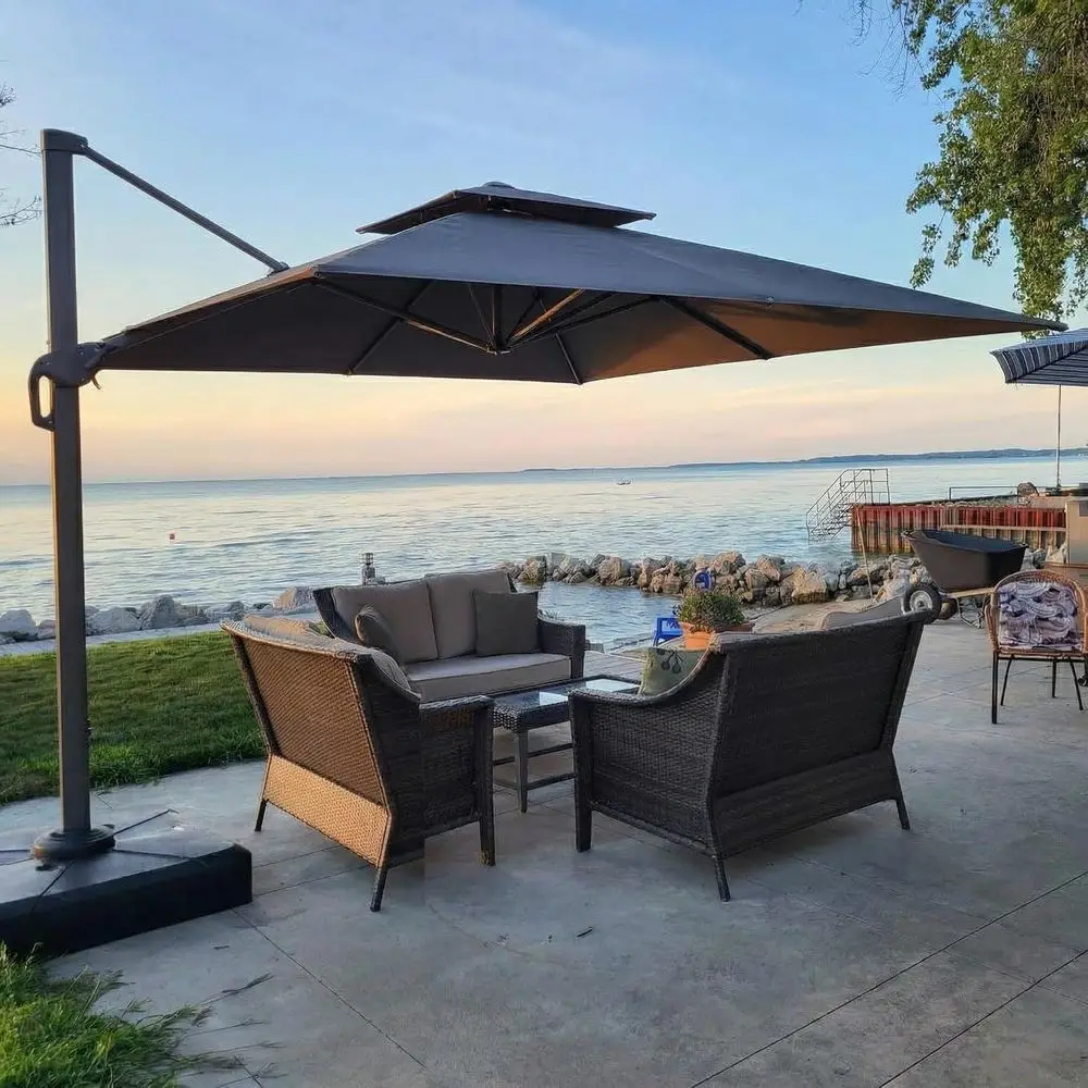 10ft Cantilever Patio Umbrella with Stand, Heavy-Duty, 360° Rotation, Large Outdoor Umbrella for Deck, Pool, Backyard