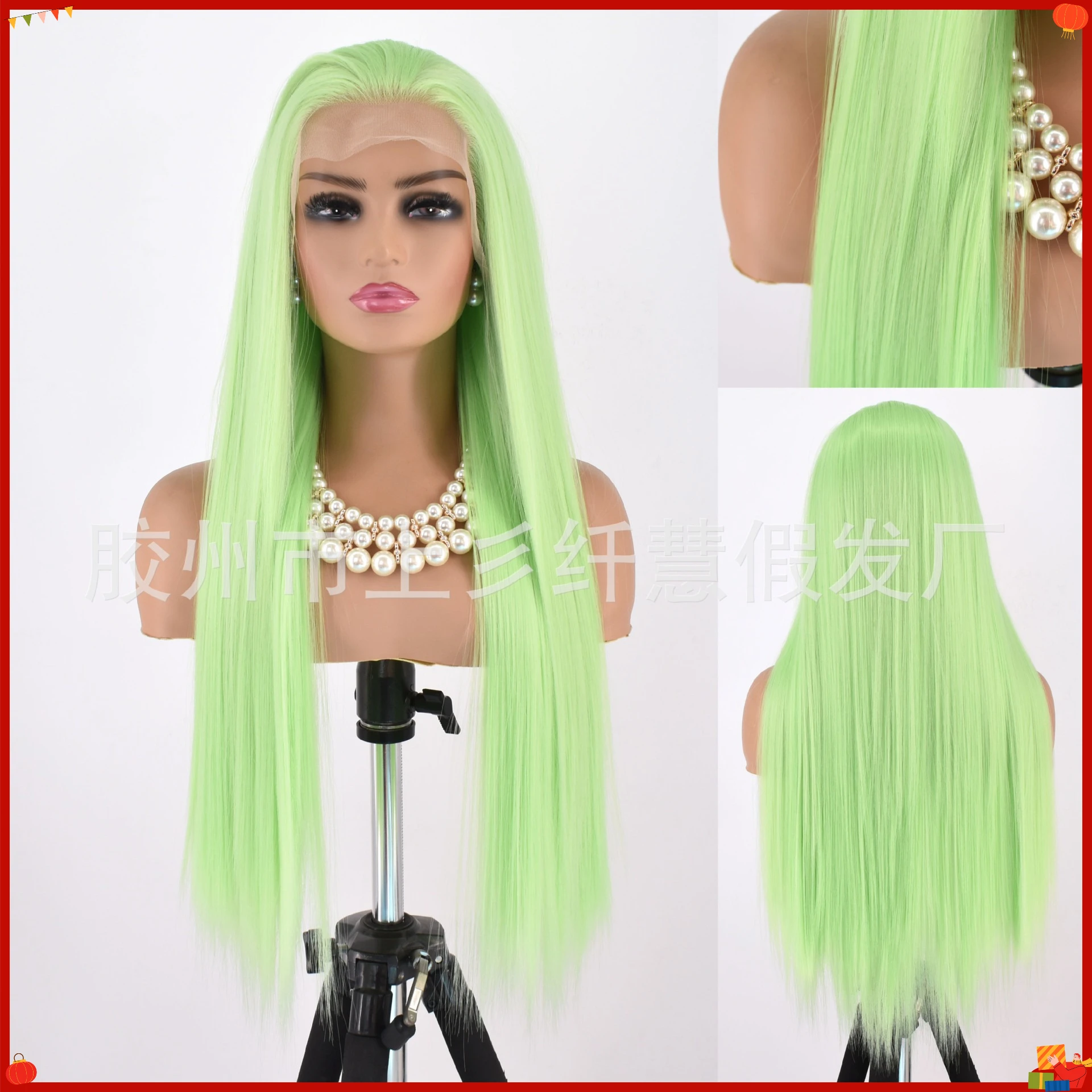 Synthetic Lace Front Long Straight Green Wig Hand-Tied Cosplay Party Costume Fantasy Fiber Hair Replacement Styling