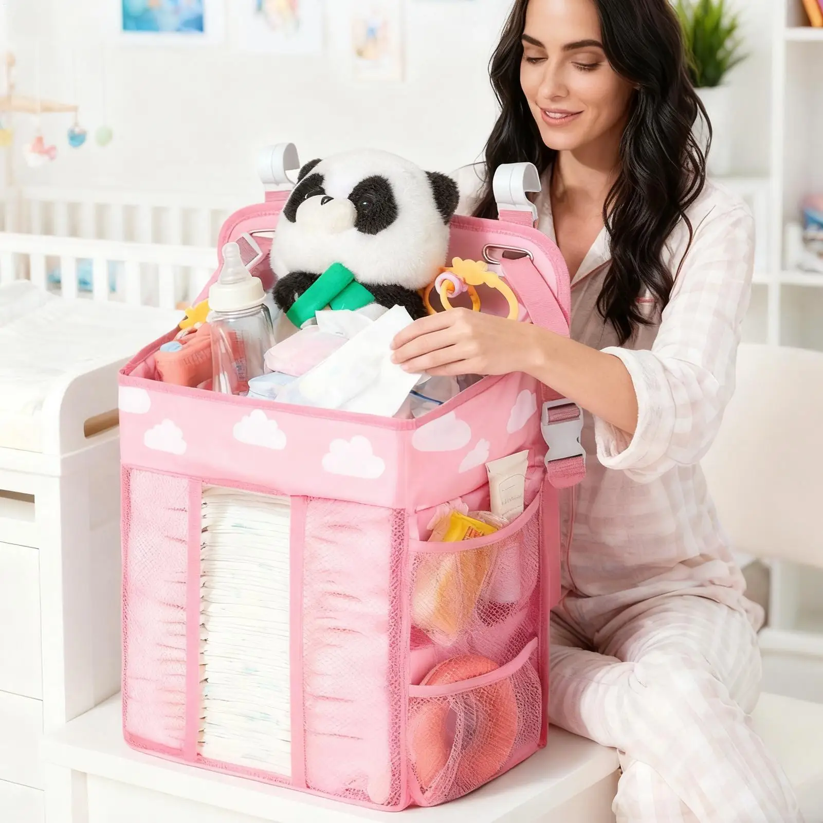 منظم حفاضات الأطفال مقاوم للماء وقابل للتعديل ومتعدد الجيوب وتخزين ثابت لأسرة الأطفال وحامل حفاضات الأطفال لحضانة باب الحائط